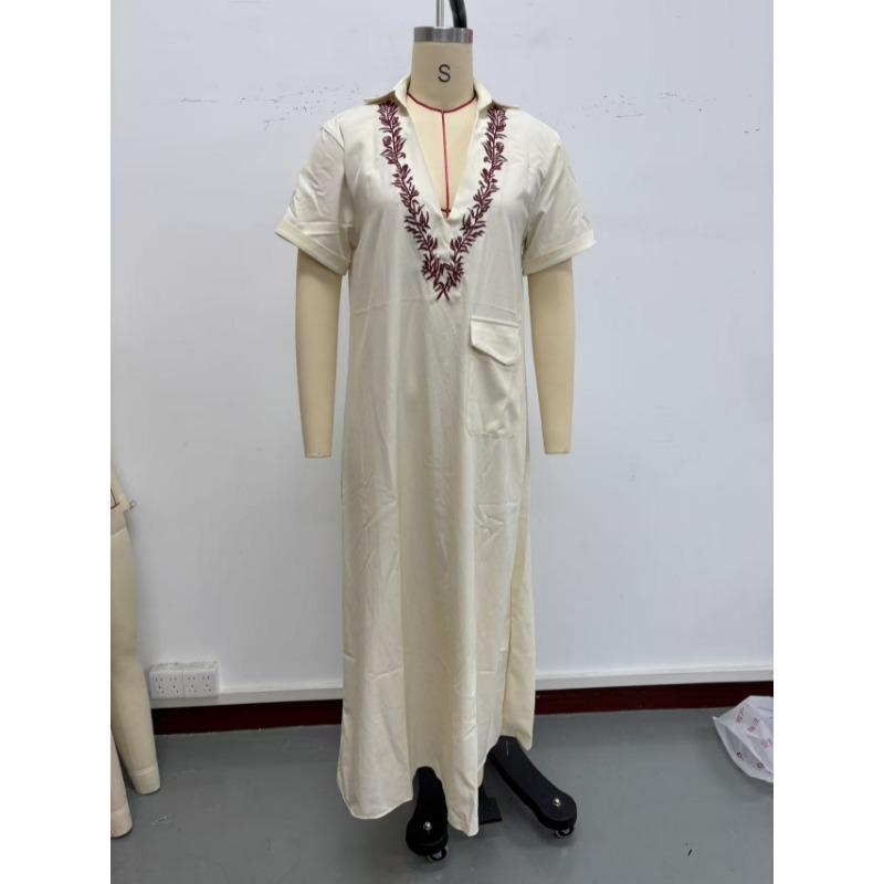 Lapel Collar Leaf Embroidery Linen Cotton Maxi Dress Pocket Loose Long Tunic Dress Solid Color Boho Casual Summer Beach Vacation Cover Up Outfit