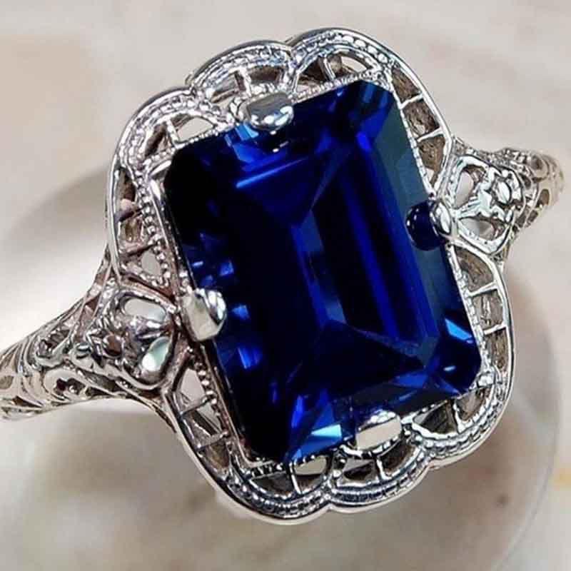 Elegant European Style Jewelry With Classic Square Cut Blue Sapphire Rhinestone Studded Ring