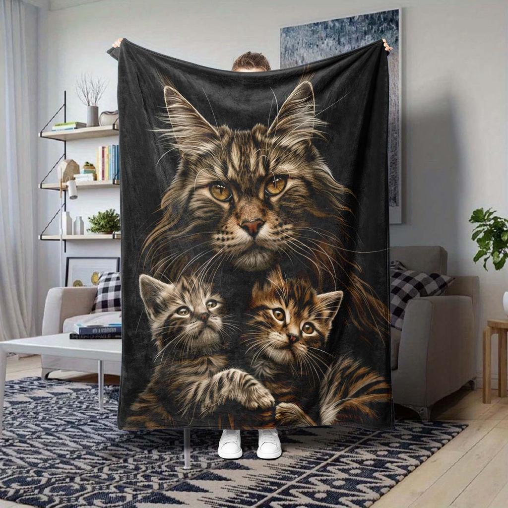 Maine Coon Cat Family Print Flannel Throw Blanket Super Soft Warm Blanket for Sofa Bed Cat Lover Pet Home Decor Gift