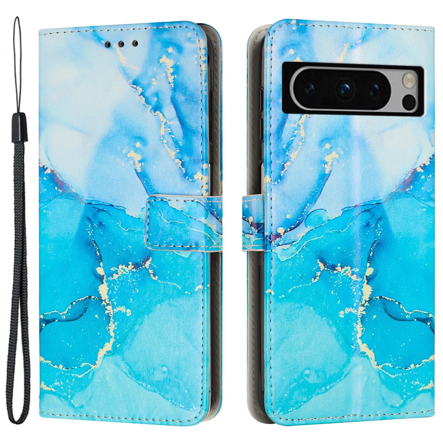 

For Google Pixel 8 Pro Marble Pattern Mobile Phone PU Leather Case Wallet Stand Cover with Wrist Strap Blue/Green