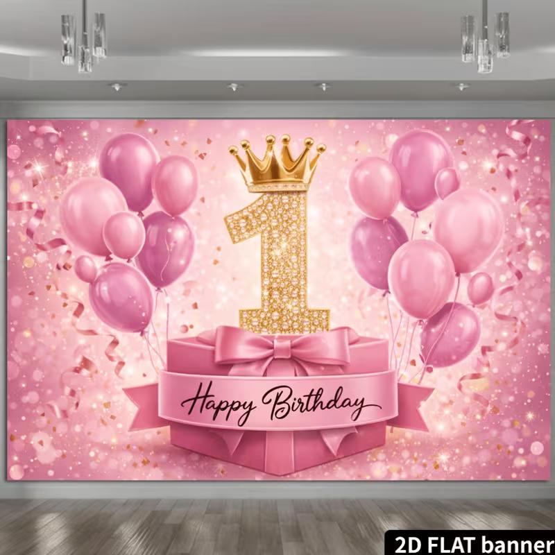 2D Crown Princess First Birthday Decor Background Tapestry