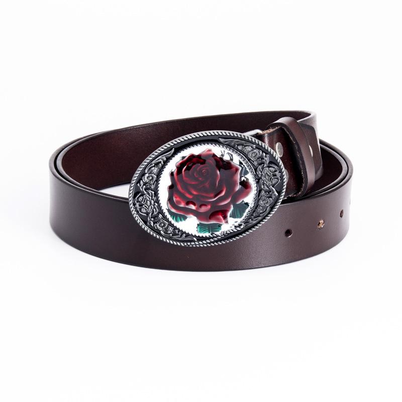 Rose-Shaped Waistband Leather Belt with Floral Pattern - Nightclub Single Loop Pants Accessory