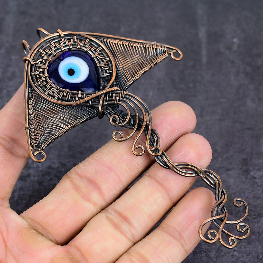 Natural Blue Evil Eye Gemstone Copper Wire Wrap Jewelry Pendant 5.12" P7n34
