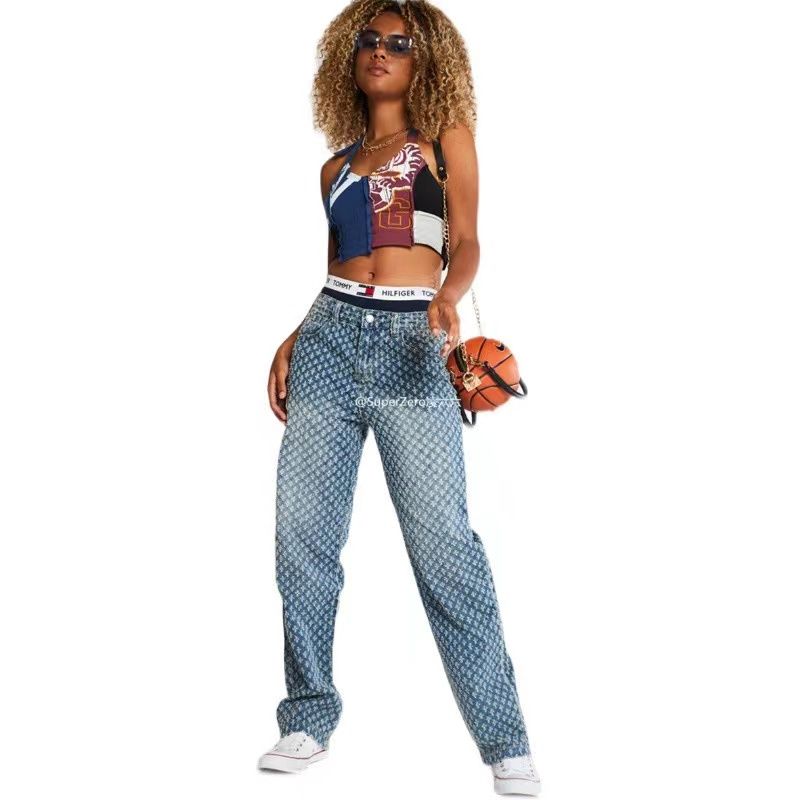 

Jaded London Blue Presbyopic Crocheted Ripped Distressed Retro Straight All-Matching Loose Long Jeans Denim Blue L