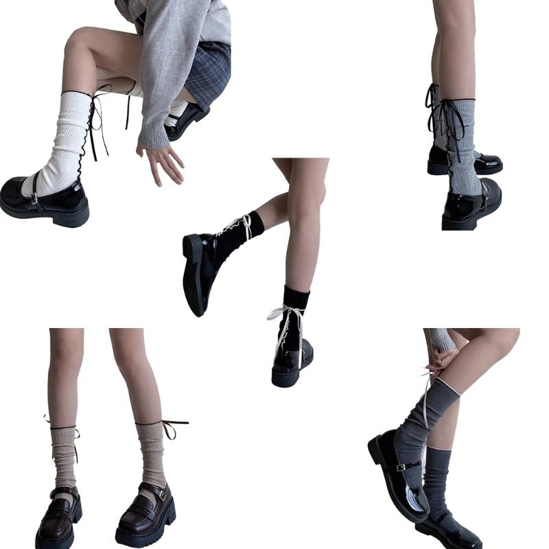 Japanese Style Fashion Middle Tube Calf Socks Women JK Girl Cute Bandage Bowknot Ruffke Trim Cotton Long Socks Stockings