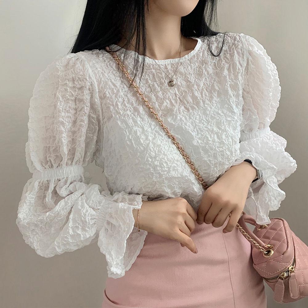 South Korea Chic Spring French Temperament Round Neck Bubble Ruffle Design Loose Casual All-match Lantern Sleeve Shirt Woman