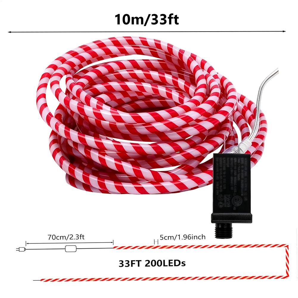 

33 фута светодиодная веревочная гирлянда в виде леденца, водонепроницаемая, для улицы, медная проволока, узор леденца, 8 режимов, рождественская вечеринка, декоративные огни