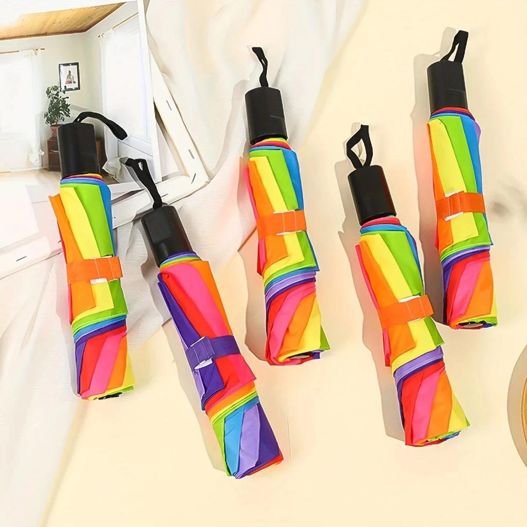 1pc - Rainbow Wonder - Portable Three- fold Umbrella with Short Handle, Foldable Design for Effortless Style and Protection