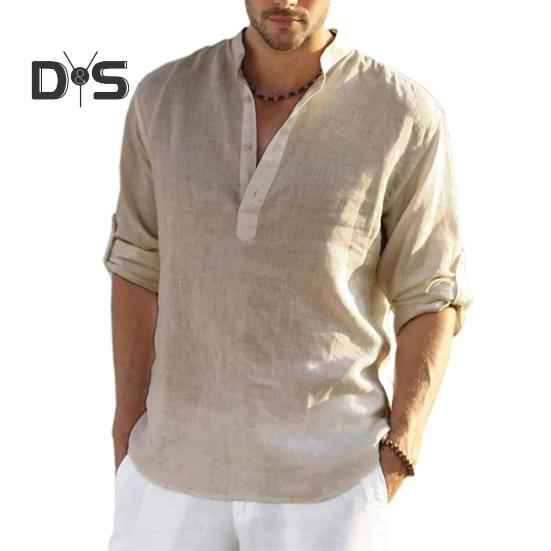 

Мужская рубашка с воротником-стойкой и V-образным вырезом, длинный рукав, пуловер, дышащий однотонный повседневный топ на каждый день XXXL хаки