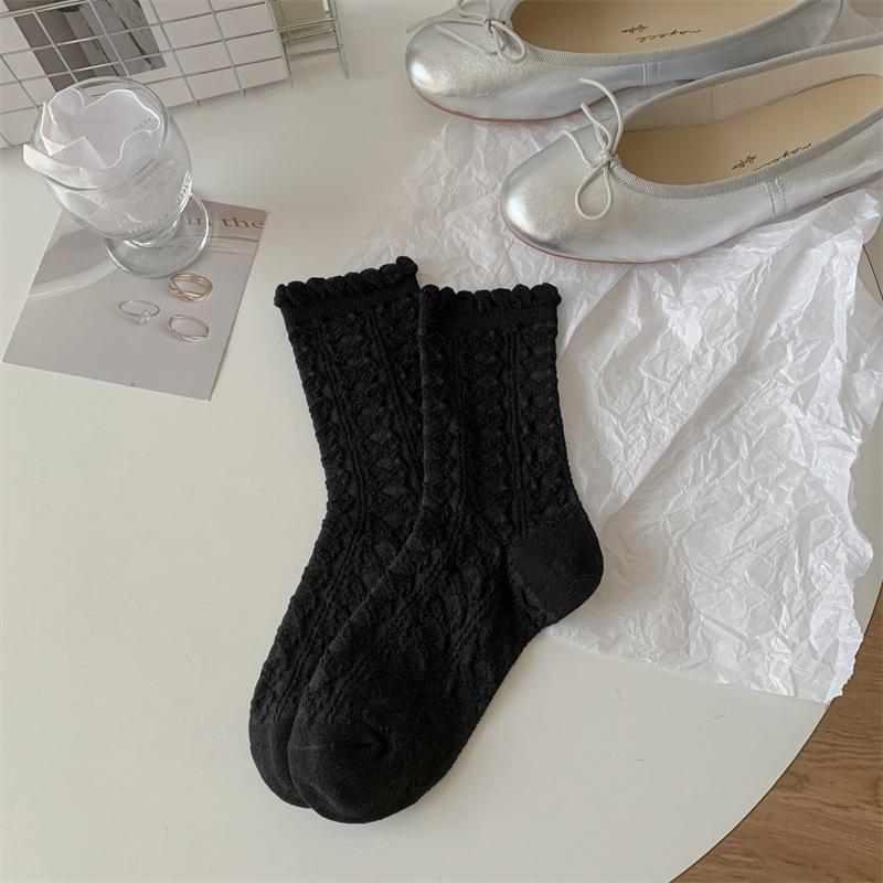 

White Girls Socks Women S Cotton Lace Bow Relief Pattern Medium Tube Socks Autumn And Winter Ballet Style Sweet Casual Socks One size fits all чорний