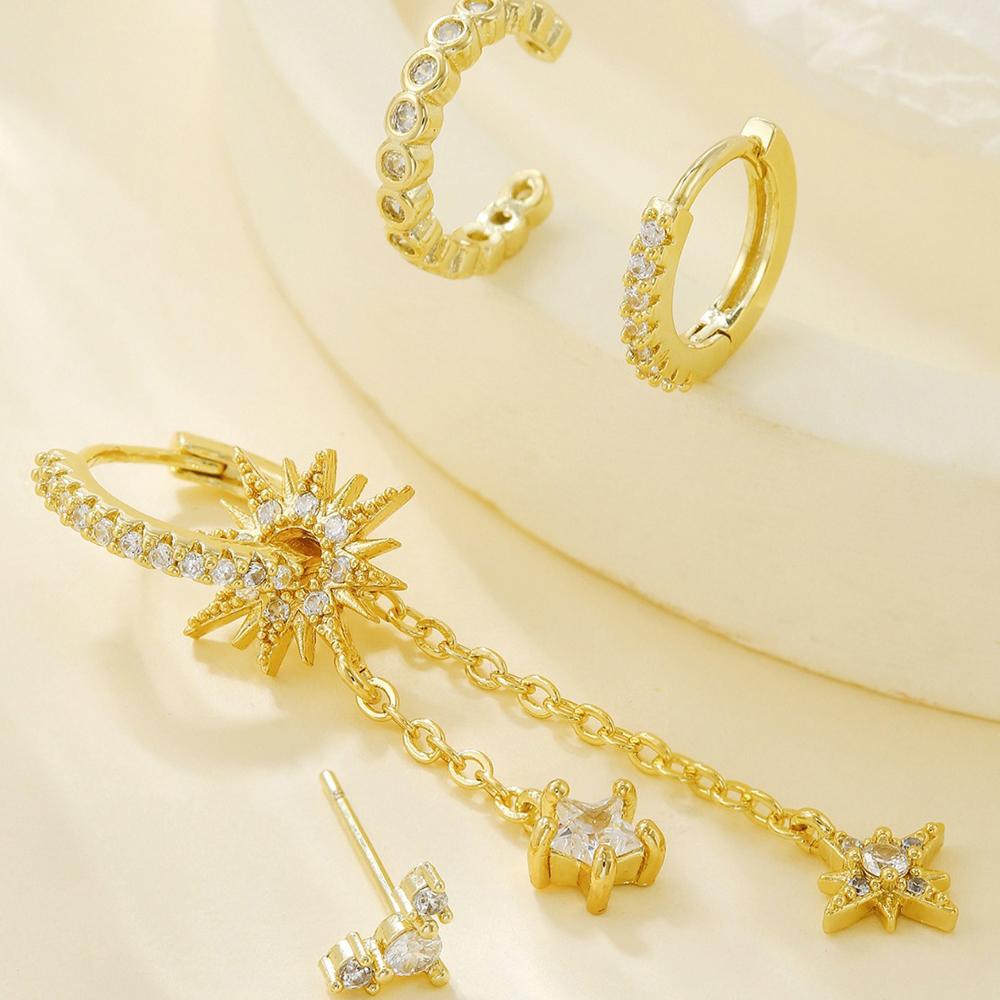 Vintage Stainless Steel Cubic Zirconia Sun Star Dangle Earrings Punk Rock Long Chain Huggies Earring Cartilage Piercing Jewelry