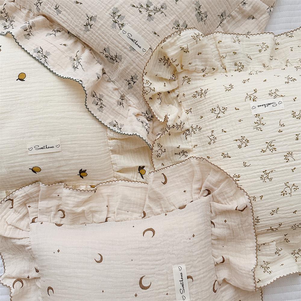 Small Floral Ruffle Lace Double Layer Cotton Gauze Pillowcase for Kindergarten