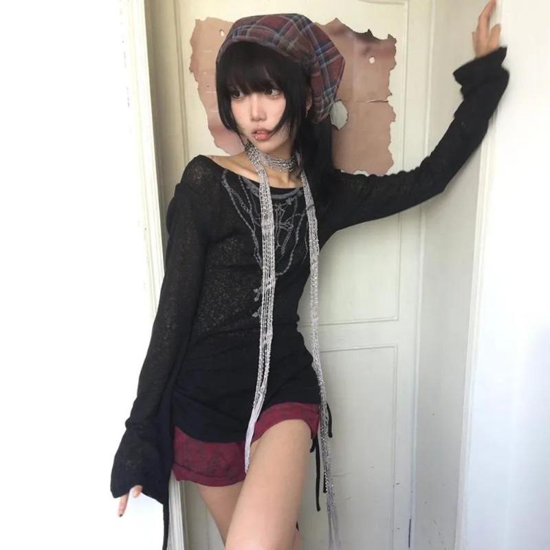 2KWEIRD Japanese Y2k Knitted Tops Grunge Tattoo Print Long Sleeve T-shirt Ribbed Vintage Harajuku Shirring Knitwear 2000s Gothic