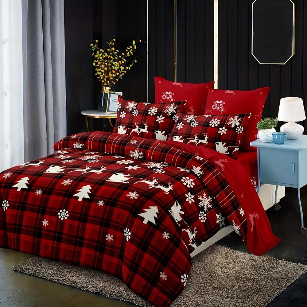 3-Piece Christmas-Themed Duvet Cover Set Hypoallergenic Fabric Checkered Elk Snowflake Print Design