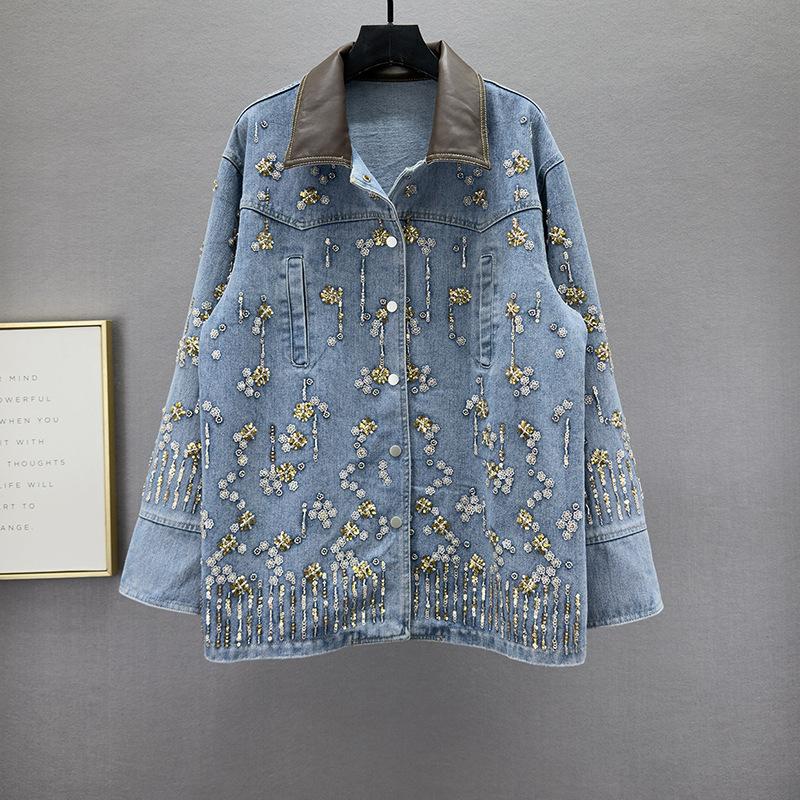 Heavy industry sequined denim jacket women's autumn new loose and thin ins European goods do old long-sleeved jacket trend