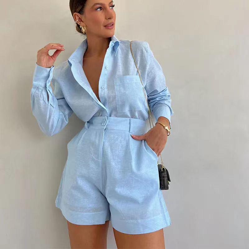 2024 Trendy Women's Casual Suit: Long Sleeve Shirt & Shorts Set