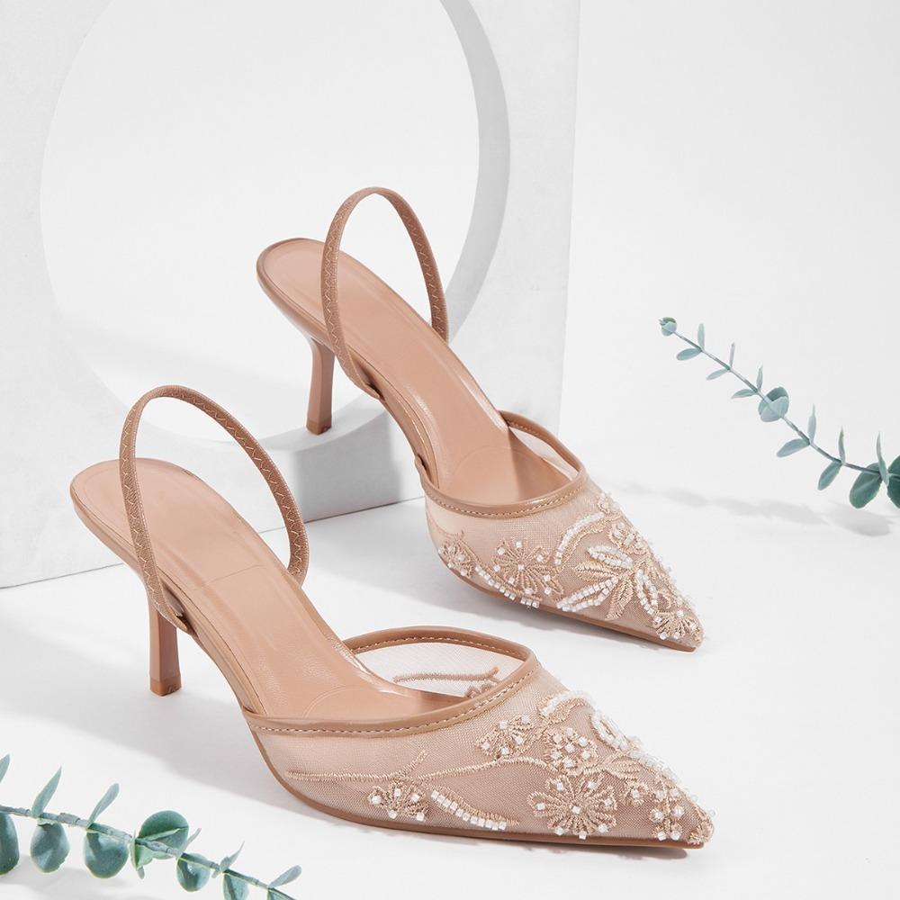 

Брендовые дизайнерские белые женские свадебные туфли-лодочки с сетчатой вышивкой и цветами на ремешке сзади, сексуальные туфли на высоком каблуке для женщин 42 розовый