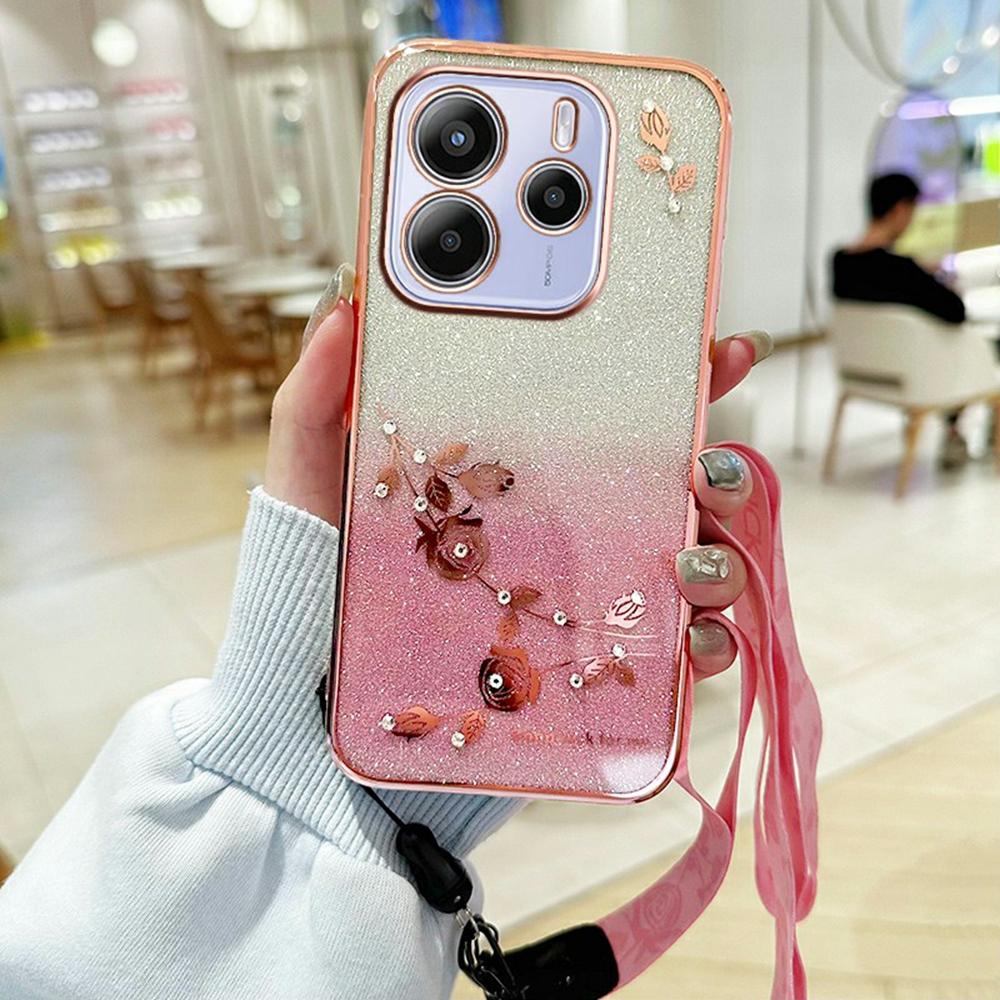 For Xiaomi Redmi Note 14 4G (163.25mm) Case Flower Pattern TPU Gradient Phone Cover with Lanyards