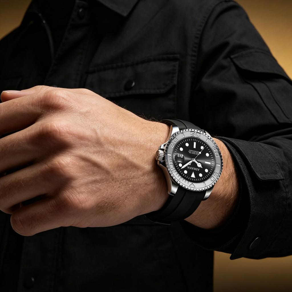 AIMANA Men Diving Quartz Watch Black Dial Luminous Date Calendar 30M Waterproof Sports Wristwatch Stainless Steel Case Rubber St