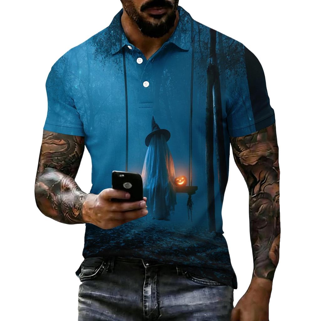 Men's Halloween Print Vintage Texture Short Sleeve Polo Shirt Loose Breathable Summer Sports Streetwear Casual Everyday Top