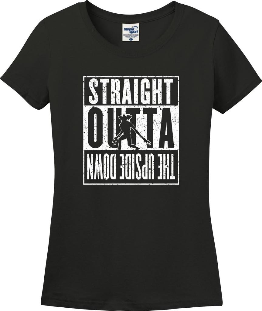Straight Outta The Upside Down Demogorgon Distressed Missy Fit Ladies T-Shirt (S-3X)