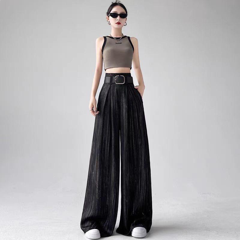 

High-Waisted Loose Satin Wide-Leg Pants - Women s Summer Casual Suit S [Recommended 45-50 kg] чёрный