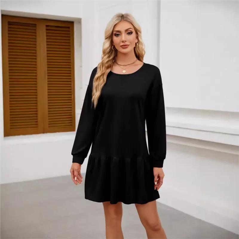 Women's Dress Autumn Winter Female Solid Round Neck Long Sleeve Loose Fashion Casual Simple Dress Women