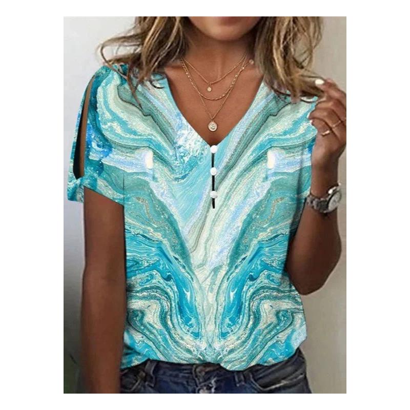 Women's Ethnic Style Short Sleeve Printed Top Cleanfit Loose Cotton Linen V-neck Citywalk Summer Fashion T-shirt