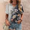 Flower 3D printed T-shirt for women, V-neck short sleeved