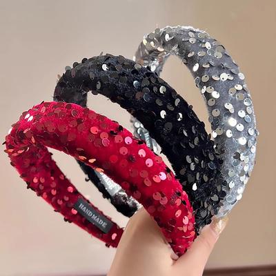 Bandeau à Sequins Couleur Unie Large Bandeau Éponge Cheveux Bandeau Large Exquis Fille