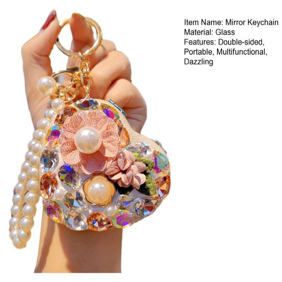 Folding Mirror Keychain Ladies Double-Sided Make-up Mirror with Faux Pearl Chain Rhinestone Mirror Pendant for Travel Touch-ups Bag Accessory