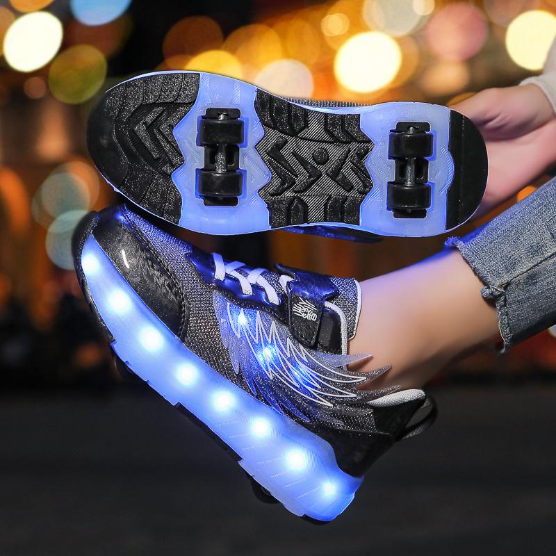 TUINANLE LED Luminous Children's Rechargeable Running Shoes with Wheel Skates Multi Light Breatheable Boy Girl