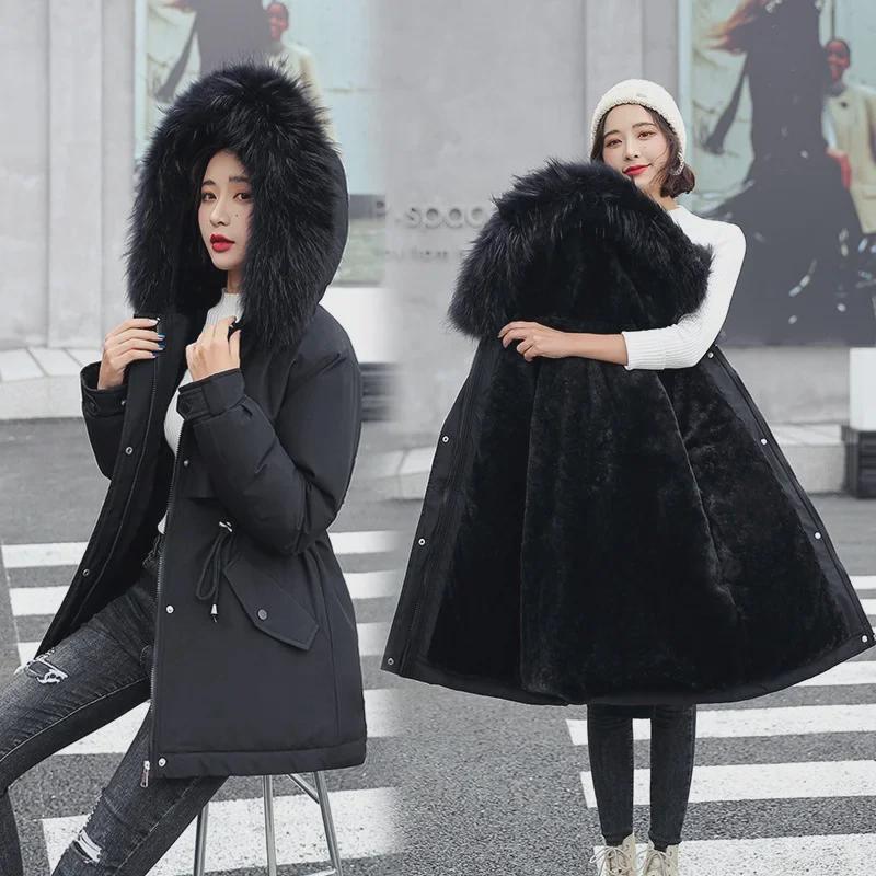 Women's Casual Mid-Length Korean Style Cotton Jacket with Fur Collar