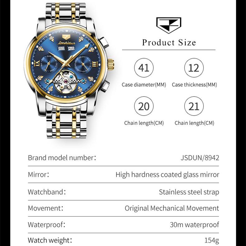 JINSHIDUN Neue Business- und Freizeit-Herrenuhr Einfache Business-wasserdichte leuchtende multifunktionale mechanische Uhr High-End-Herrenuhr