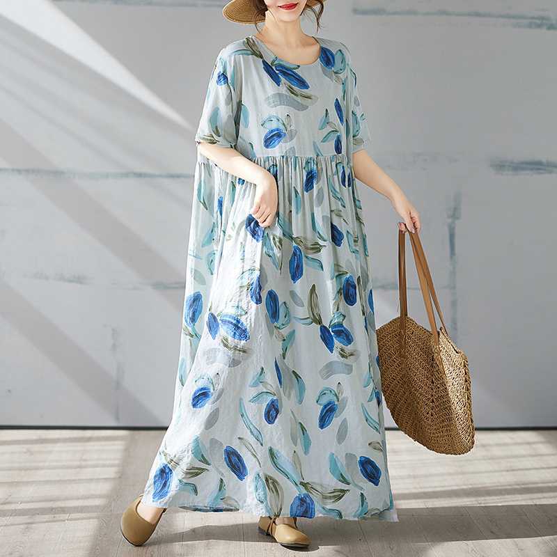 Böhmischer langer Rock Sommerkleid mit kurzen Ärmeln