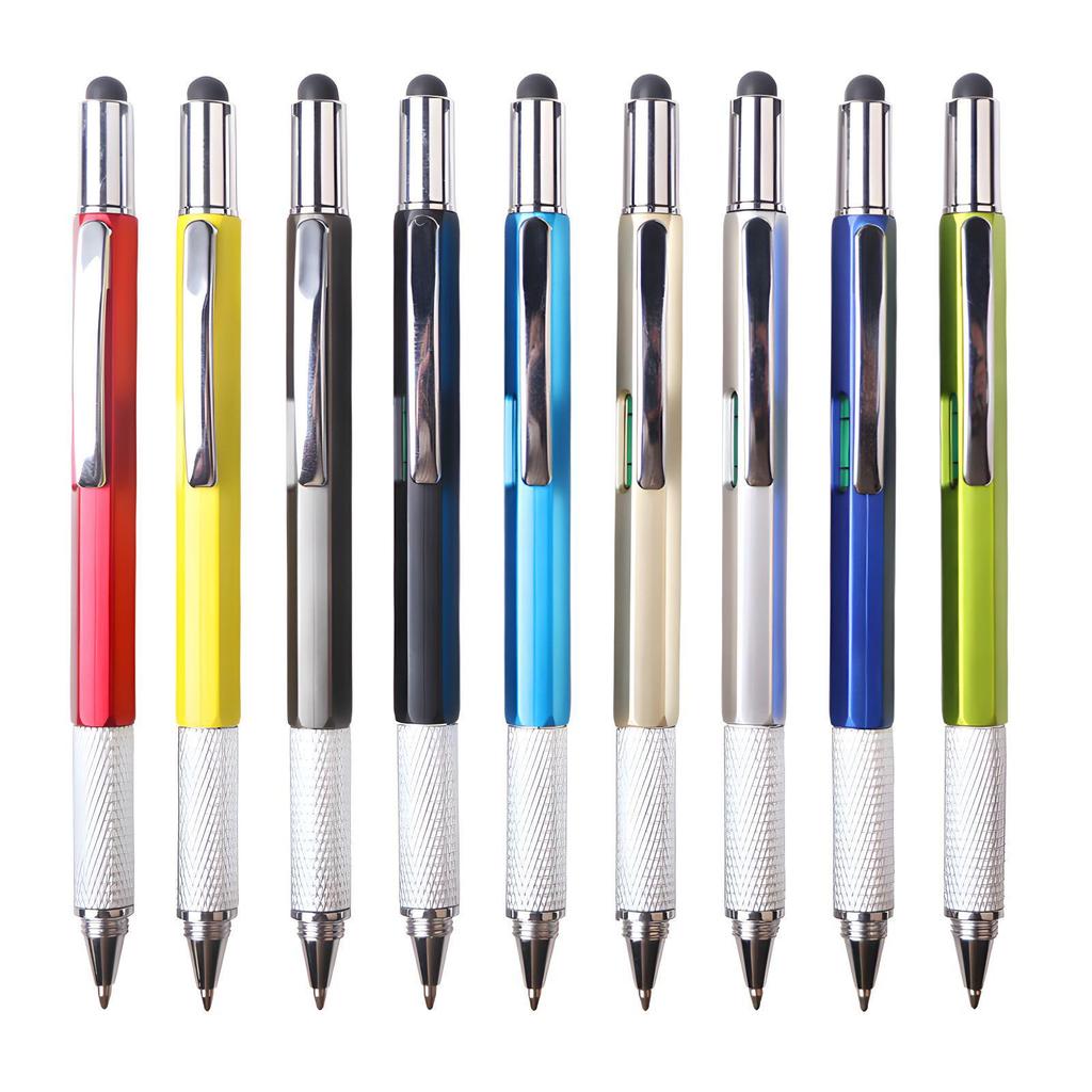 "Promotional Multi-Function Ballpoint Pen with Touch Screen Stylus, Metal Scale, and Screwdriver Tool"