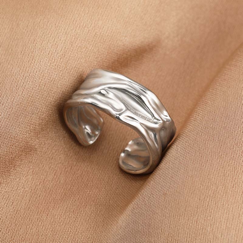 Stainless Steel Gold Color Irregular Geometric Opening Rings for Women Fashion Metal Texture Wide Rings Aesthetic Jewelry Gift