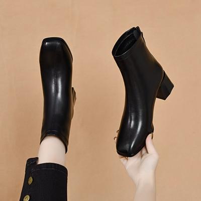 Square Head Fashion Boots Women's Autumn and Winter New Thick Heel Back Zipper Straight Boots Women's Leather Boots
