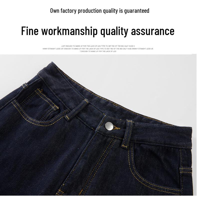 Women's Retro Dark Blue High-Waisted Fleece-Lined Wide-Leg Jeans for Autumn/Winter