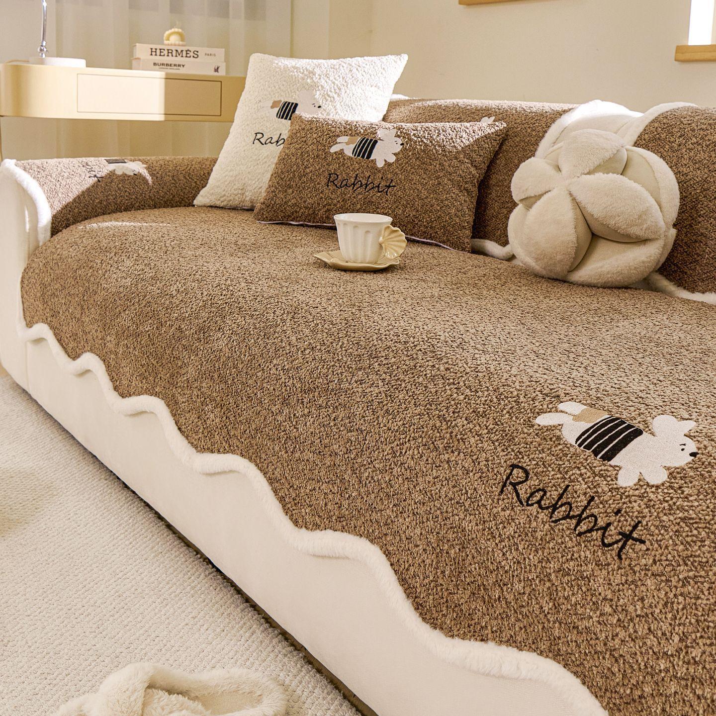 New Sofa Cushion Winter Cartoon Cream Style Plush Cover Cloth One Piece Thickened Warm Cushion Cover 90*70cm