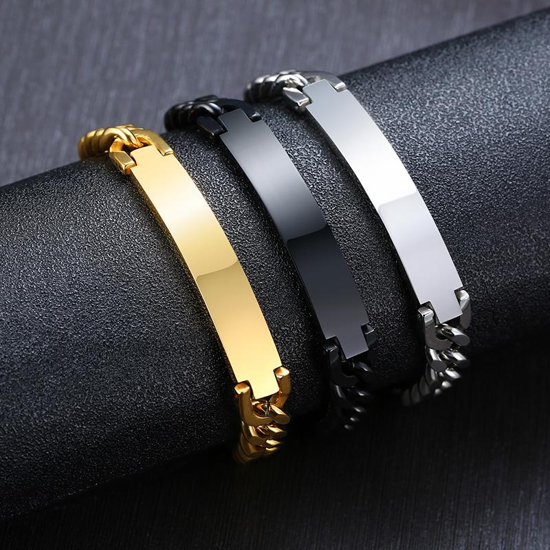 Roestvrij Staal Curb Ketting ID Heren Armband In Zilverkleur Op Maat Manchet Armband Gepersonaliseerde Staaf Met Namen Initialen Datum Mannen Sieraden