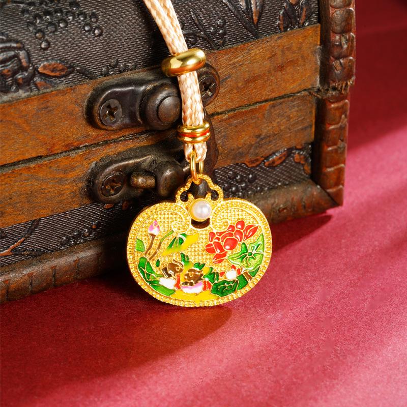 Ethnic Style Ancient Color Oil Dripping Pattern Peace Lock Accessories Necklace Pendant 60CM(Necklace Long)
