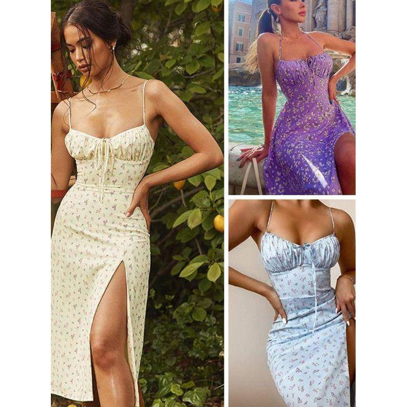 

European and American Amazon Cross-Border Foreign Trade 2023 Summer New Arrival Floral Split Pleated Skirt Sexy Sling Dress Women Light yellow M