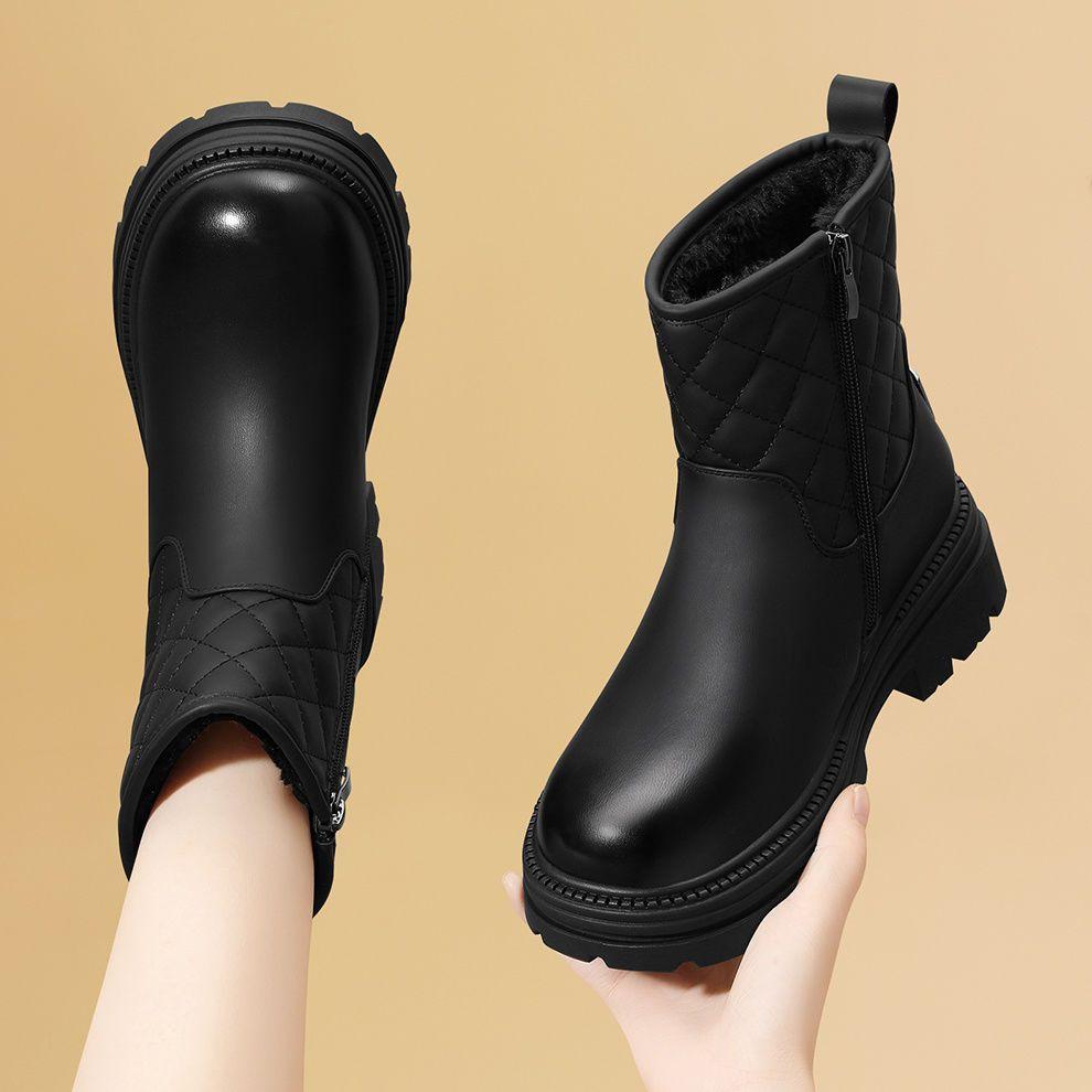 Fashion Leather Waterproof Chunky Women's Snow Boots Winter Fleece-lined Booties Trend 2025 Sale Fashion Plush Warm Luxury Ladies Shoes