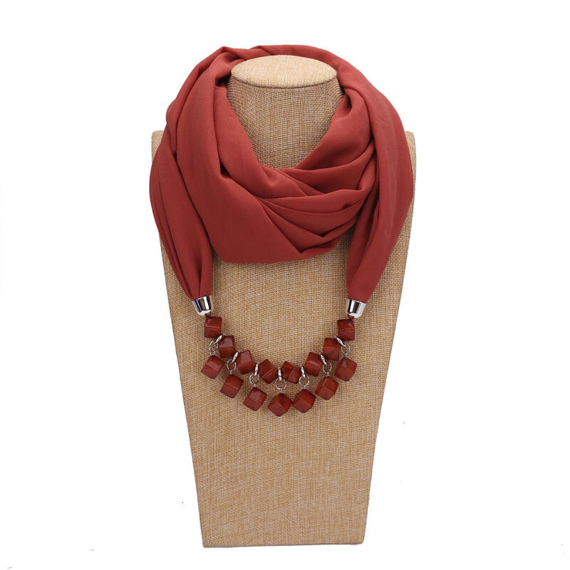 Bold Red Chiffon Scarf Necklace with Cubic Beads – Fashionable Infinity Scarf for Women, Statement Jewelry Accessory