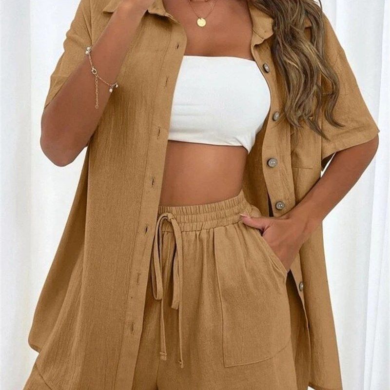 

Short Sleeved Shorts Two Piece Shirt Set for Women Light brown M