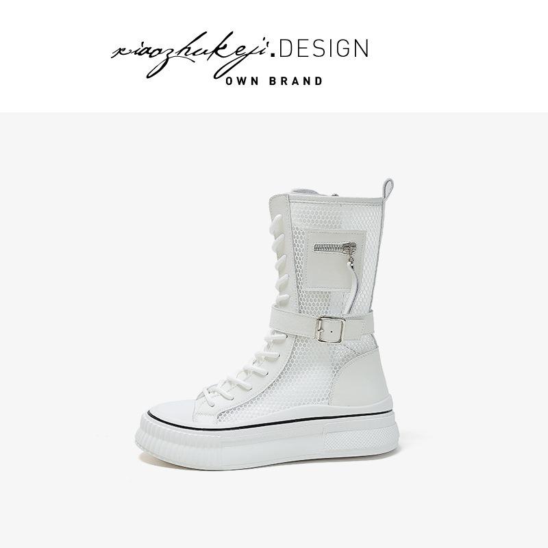 

Leather Martin boots women s new cool boots summer thin thick-soled inner height summer medium tube hollow net boots women 34 белый