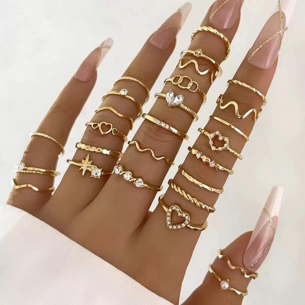 23PCS Fashion Luxury Shiny Zircon Wave Multi-Element Design Women's Ring Set, Suitable or Women's Daily Wear Rings