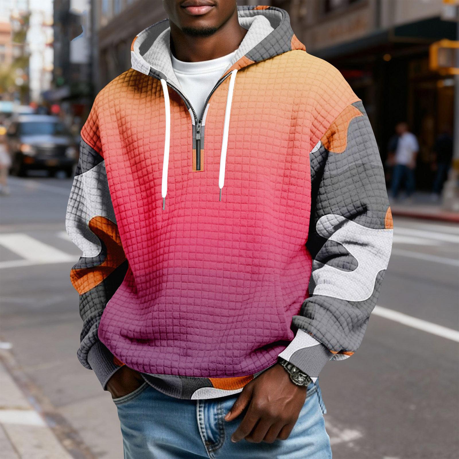 

Men s Half-Zip Hooded Plaid Pullover Drawstring Print Casual Sports Sweatshirt XXL