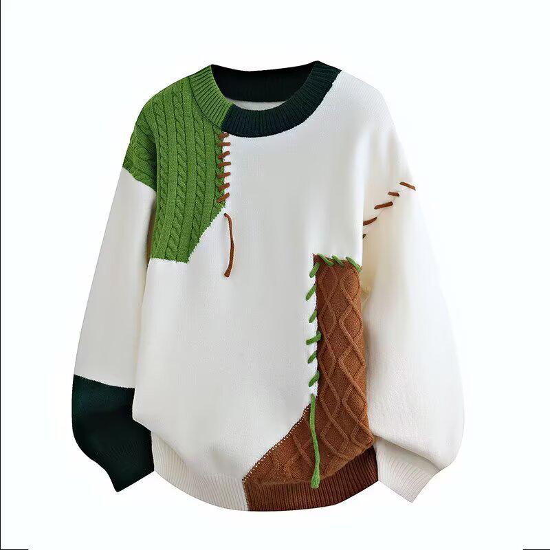 

Unisex Color-Block Sweater: Loose Casual Pullover for Autumn/Winter XL зелений